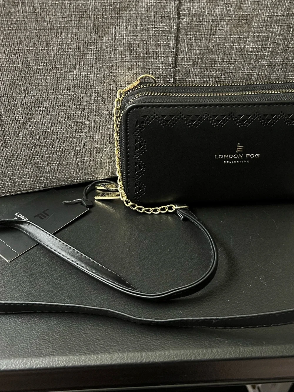 London Fog Black Wallet Crossbody with Gold Chain Accent